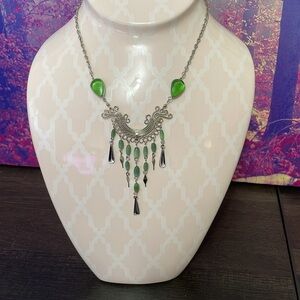 Ornate Silver and Green Gemstone Necklace with Cascading Teardrops from Thailand